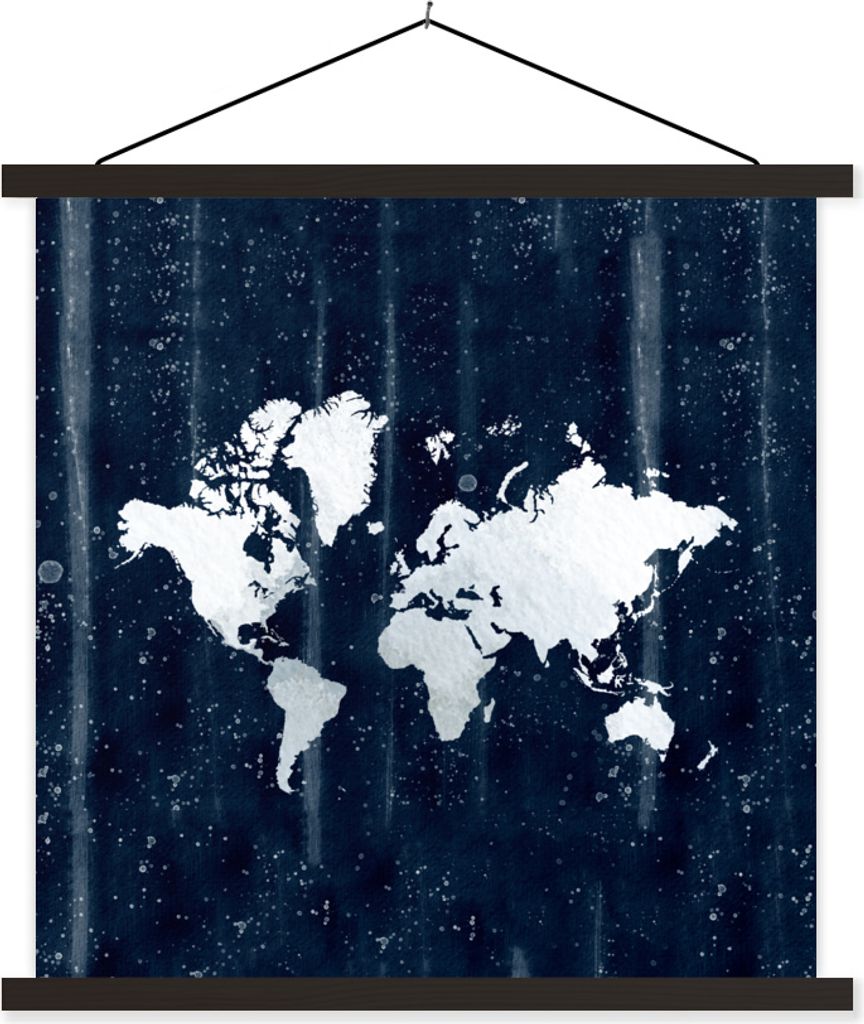 MuchoWow Textilposter Weltkarte - Blau - Sternenhimmel 90x90 cm mit schwarzem Rahmen - Magnetisches