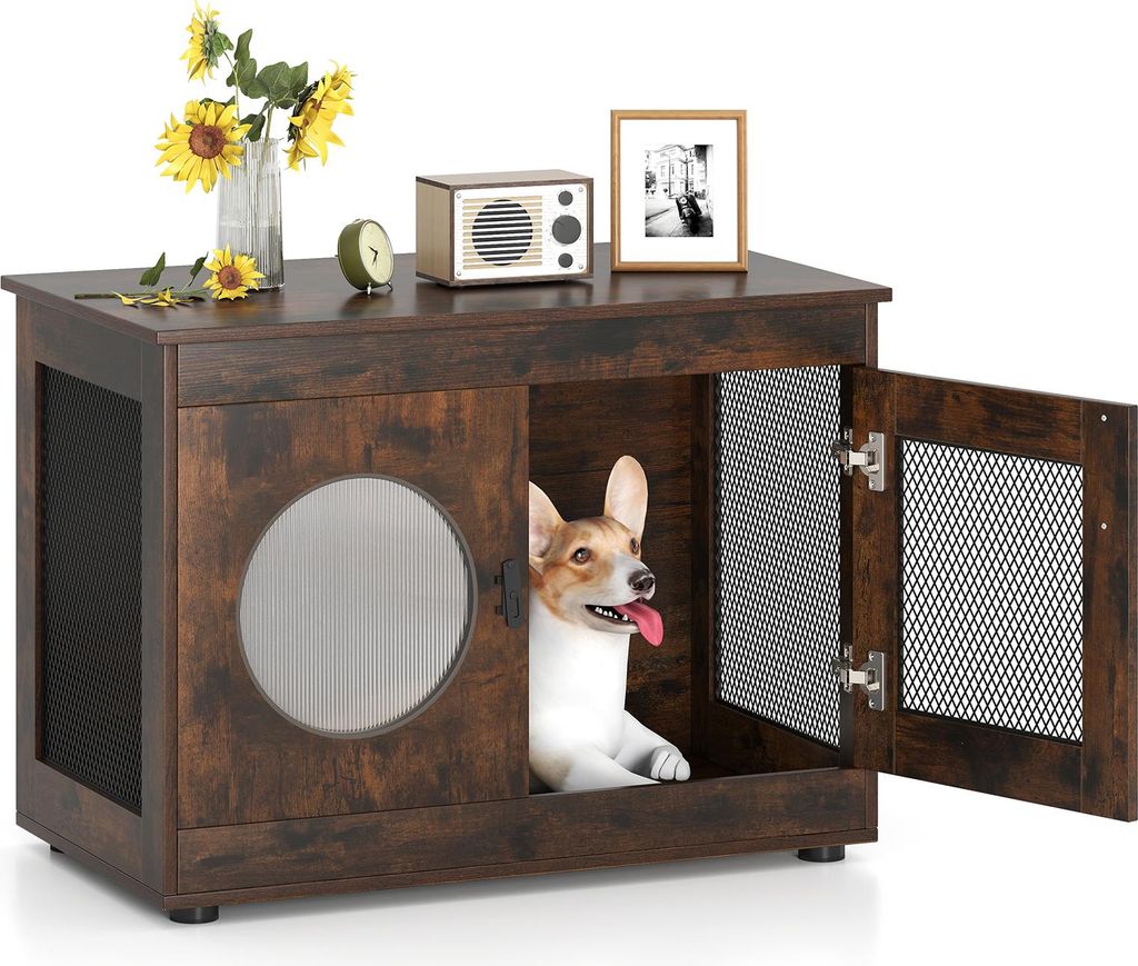 A dog is inside a wooden dog crate that is styled like furniture. The crate has a door and a circular window.