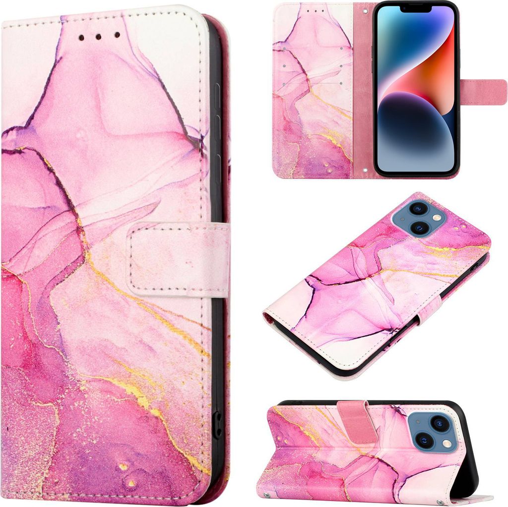 iPhone 15 Plus Hülle, Marmor Motiv Kunstleder Tasche Wallet Kartenfächer mit Standfunktion Klapp Schutzhülle für iPhone 15 Plus Rosa