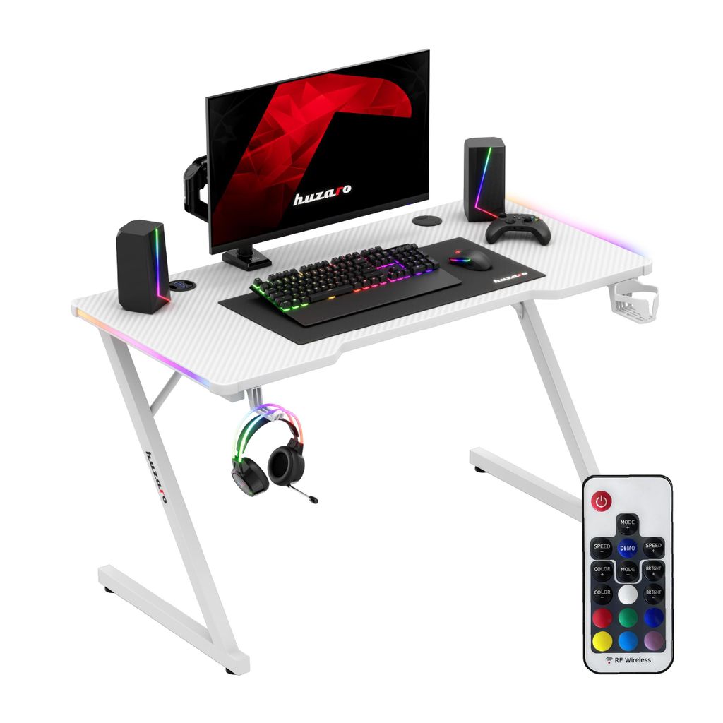 Huzaro Hero 2.5 | RGB-Beleuchtung LED Tisch Schreibtisch | Getränkehalter Kopfhörerhalter | USB-Ladeanschluss | Carbon Tischplatte 120x60cm | Weiß
