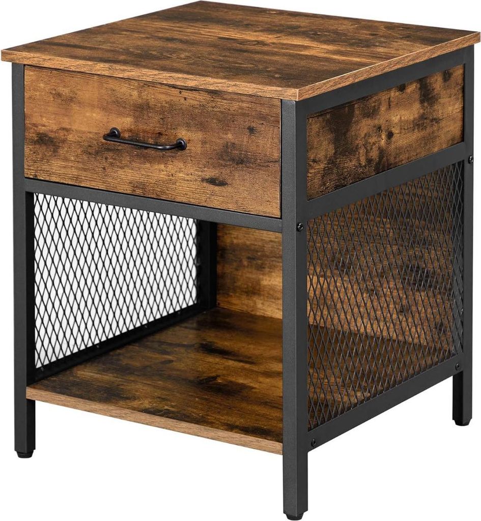 Vincyer | Nachttisch | Beistelltisch mit 1 Schublade – Braun/Schwarz – Spanplatte/Stahl