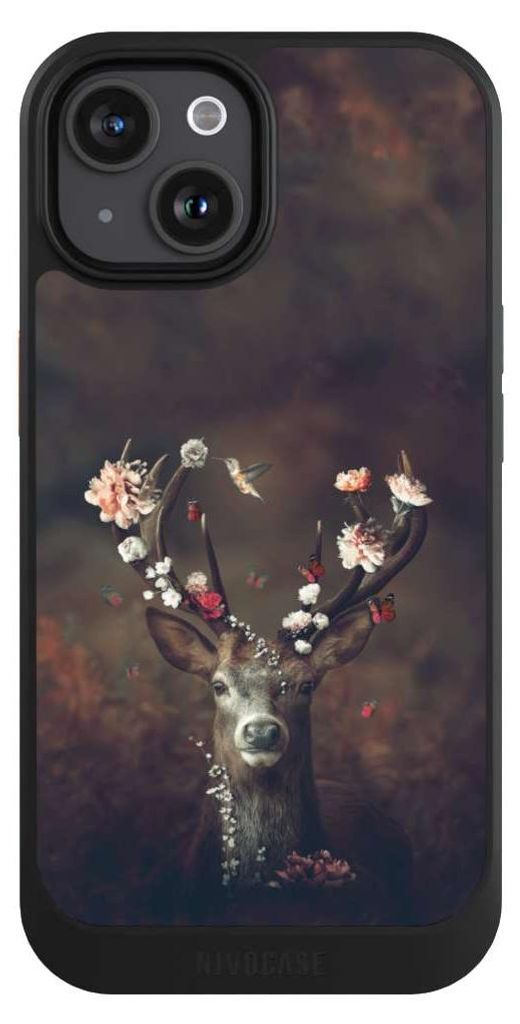 NIVOCASE Hülle für Apple iPhone 15 Handyhülle NIVOcore Case Schwarz Blumen Rehe Rentier