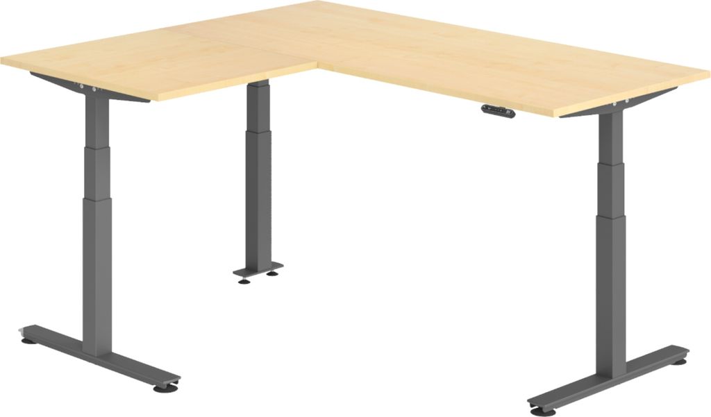 bümö Eckschreibtisch elektrisch höhenverstellbar L-Form - Nachbildung Ahorn, Gestell: Graphit, Größe: Eckschreibtisch 180 x 160 cm