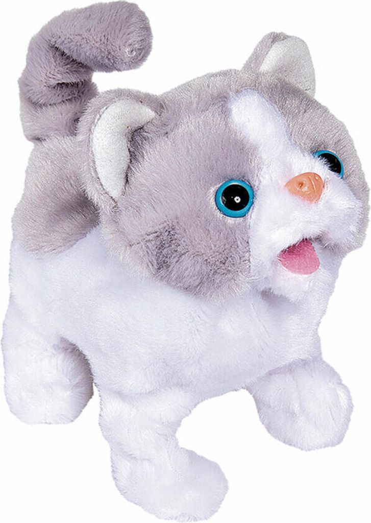 A plush toy cat with gray and white fur, blue eyes, and a pink tongue.