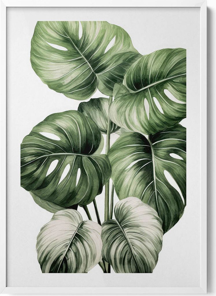 Bemalte Monstera-Blätter– Wandbild mit Rahmen – Gerahmtes Bild – Wanddekoration – 70x100 cm – Weiß Rahmen