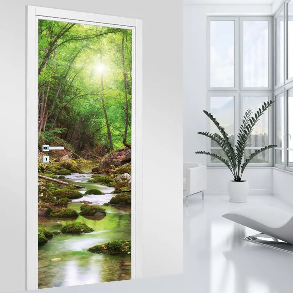Cacher une porte usée : Sticker Rivière Forêt Lumaléa MAT 83x205 cm