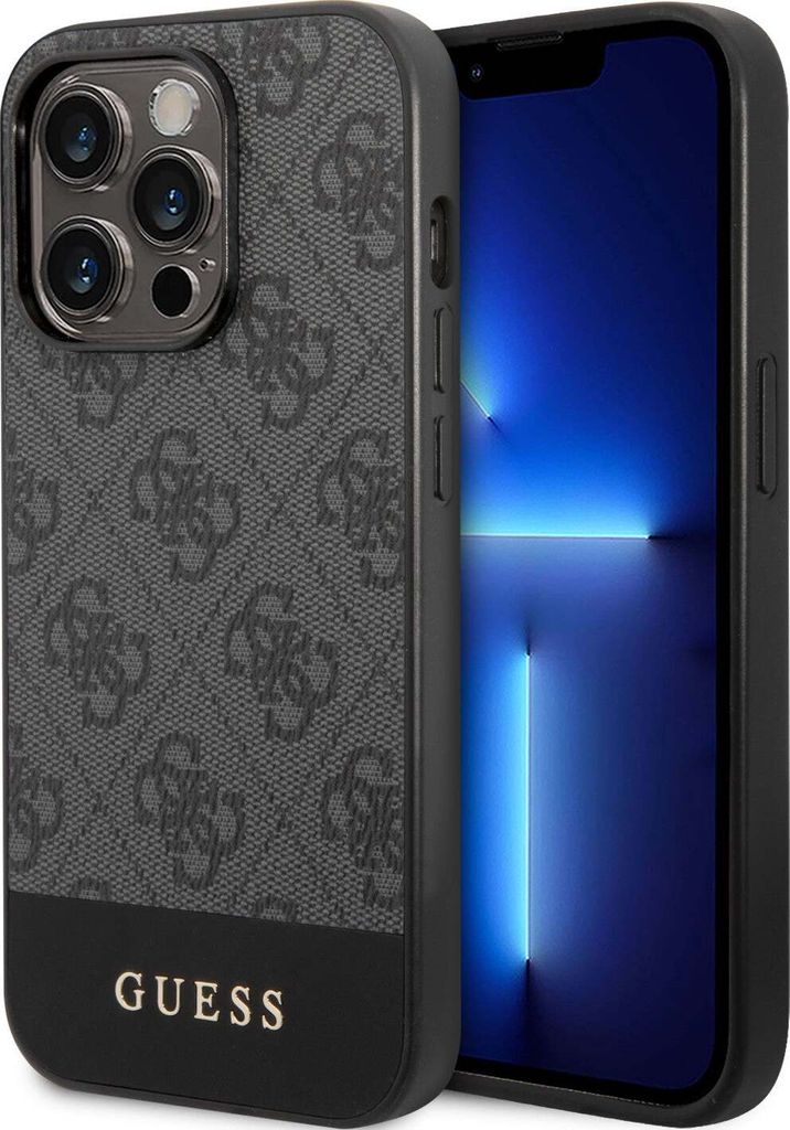 A close-up shot of an iPhone 14 Pro Max with a Guess branded case.