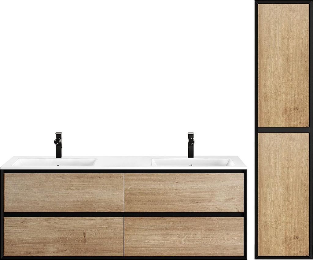 Waschbeckenunterschrank hängend mit Einbauwaschbecken & Badhochschrank - Holzfarben hell & Schwarz - 150 cm - LANNICK