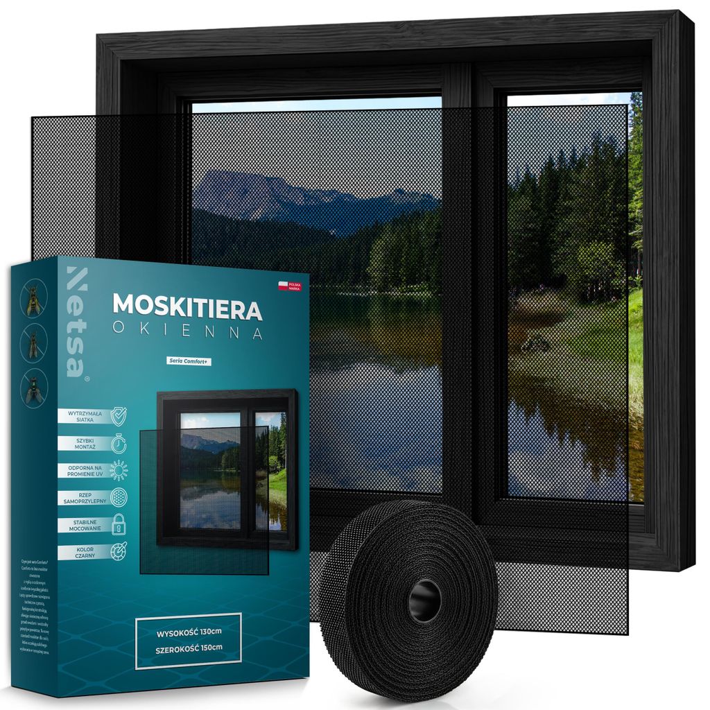 Netsa | Fenster-Moskitonetz 130x150 cm Schwarz – Fliegengitter Für Fenster – Zuschneidbar Mit Selbstklebendem Klettband