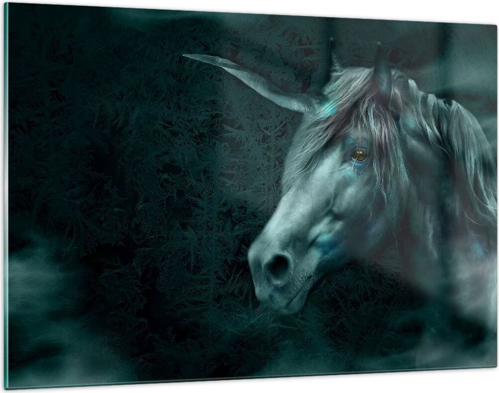 Bilder auf glas - Computergrafik Pferd Horn - 120x80cm - Glasbilder - Wandbilder - Kunstdruck - zum Aufhängen bereit - Wanddekoration aus Glas - G...