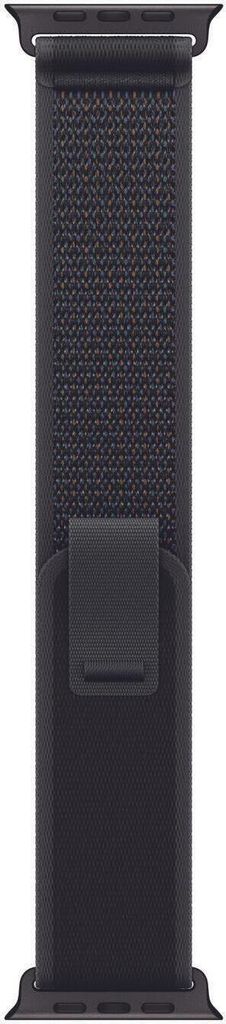A black watch band is shown vertically against a white background.