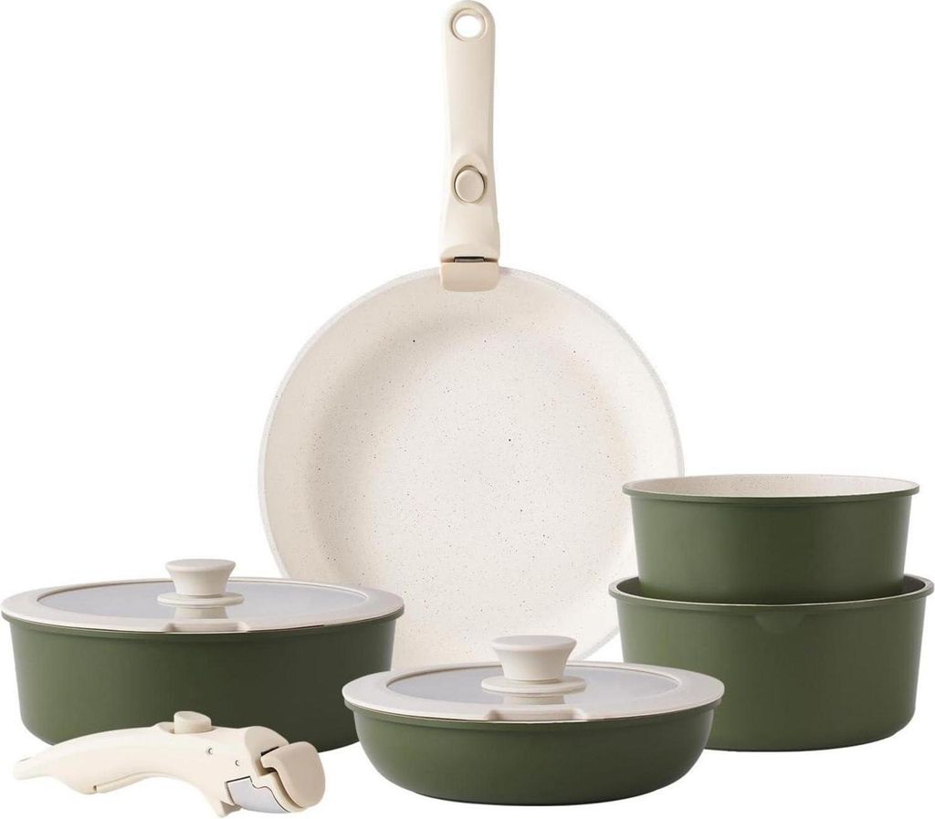 A set of cookware is arranged on a white background.