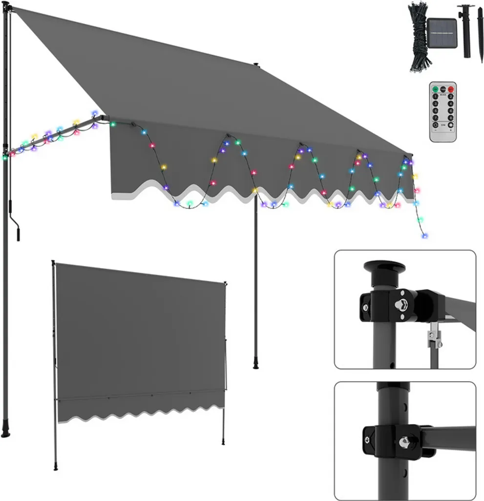 Clanmacy Tenda Balcone 200cm Grigio LED - Montaggio Rapido No Trapano