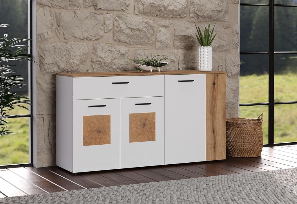 Vitoria WO:Ko.+Fr.Weiß Melamin,Abs.Evoke Oak Melamin/Hirnholzapplikation Tür,Sideboard