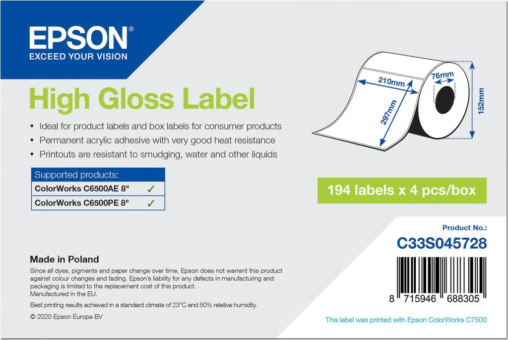 Rotolo Etichette Epson High Gloss 210x297mm - 194 pz C33S045728
