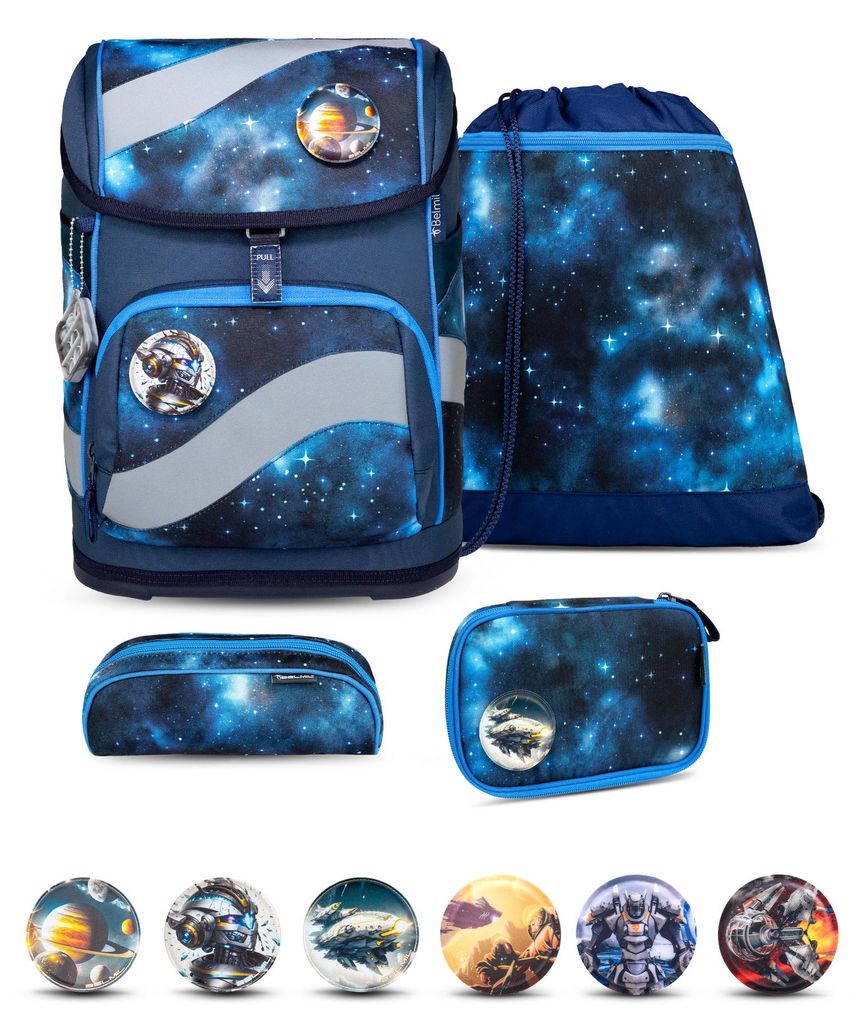 Belmil Smarty ergonomisches Schulranzen Set 5-teilig "Stars" mit Brustgurt, Hüftgurt, Magnetverschluss, Patch Set 6 Stück