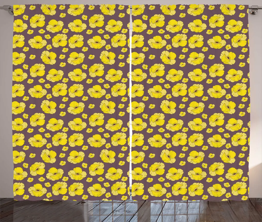 Rideau vintage jaune et taupe à ruban froncé avec crochets inclus 280 cm