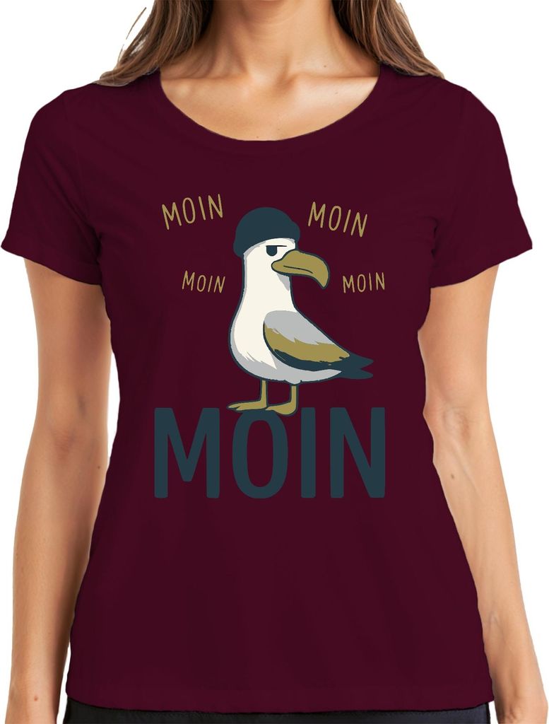 Moin Möwe Norddeutschland Küste Nordsee Maritim Lustig Seemöwe Damen T-Shirt, Burgundy, XXL