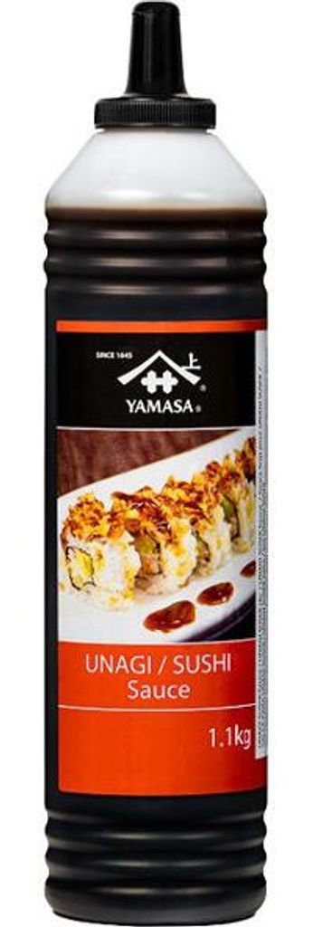 A bottle of Unagi Sushi Sauce with a picture of sushi on the label.