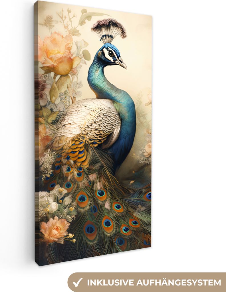 MuchoWow - Leinwandbilder - Pfau - Pfauenfedern - Blumen - Botanisch, Wandbild, Wanddeko Bilder Wohnzimmer, 20x40 cm