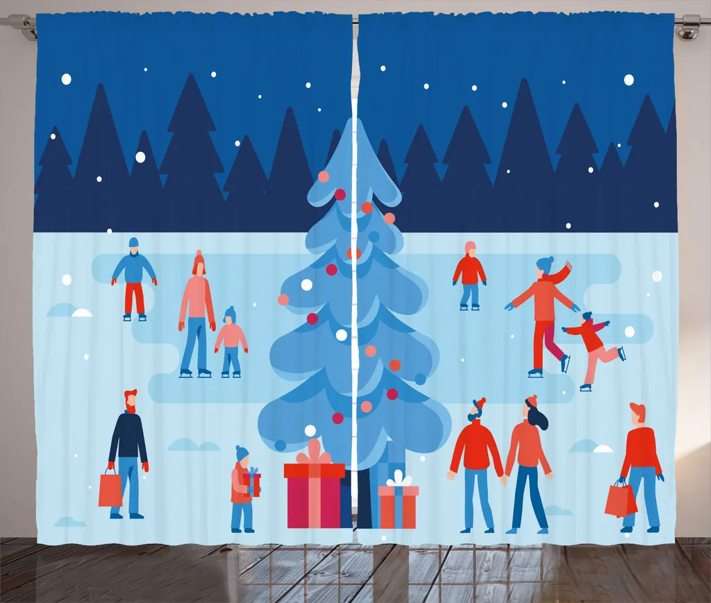 Rideaux Salon Scène de Noël Bleus pour une Décoration d'Hiver 280cm