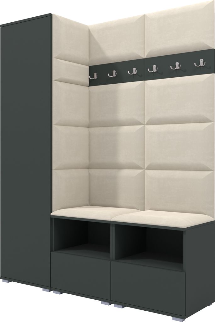 Garderoben-Set Nela II, Polstergarderobe mit zwei Schuhschränke, Flurmöbel mit Hochschrank (Farbe: Graphit + Trinity 01 (Creme))