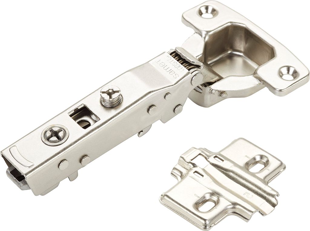 Topfband MASTER T52 Eckanschlag 110° mit Dämpfer und Kreuzplatte mit Langlochverstellung