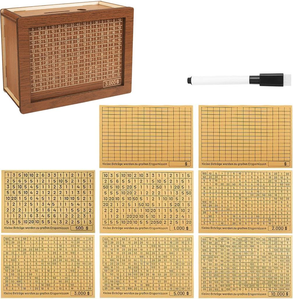 Spardose aus Holz mit Zielnummernaufkleber, Markierungsstift, großes Fassungsvermögen, Sparschwein, Münzbehälter, Geldspar-Challenge-Case für ...