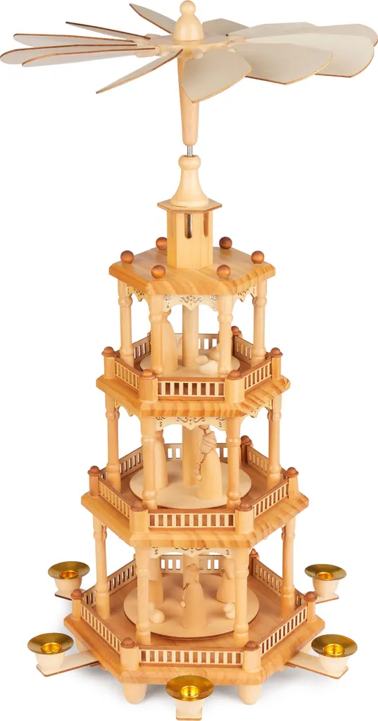 Grande pyramide de Noël 55 cm en bois avec figurines et hélice rotative