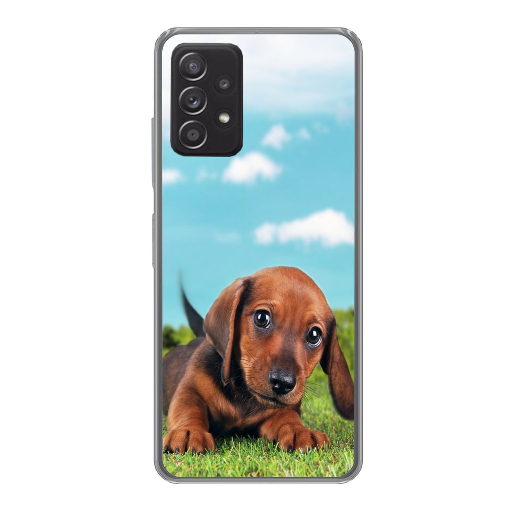 MuchoWow Handyhülle Schutzhülle Hülle für Samsung galaxy a73 Schöner Himmel über einem niedlichen Dackelwelpen Silikon Softcase Handy Hüll...