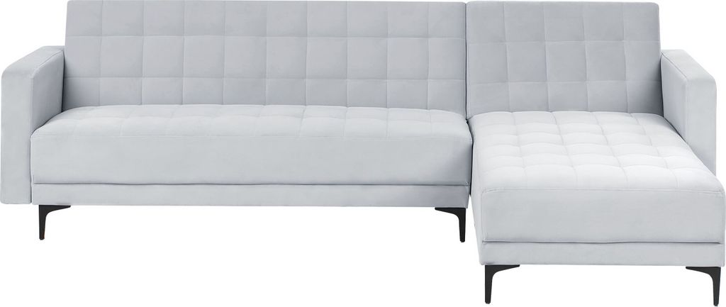 BELIANI 4-Sitzer Ecksofa Links Hellgrau Samt Gesteppt L-Förmig mit Schlaffunktion Schwarzen Metallbeinen Modern Glamourös Modulsofa Schlafsofa