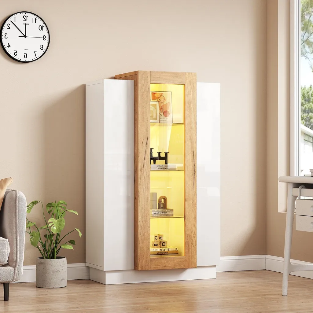 Armoire Vitrée LED App 3 Portes en Verre et Tiroir de Stockage