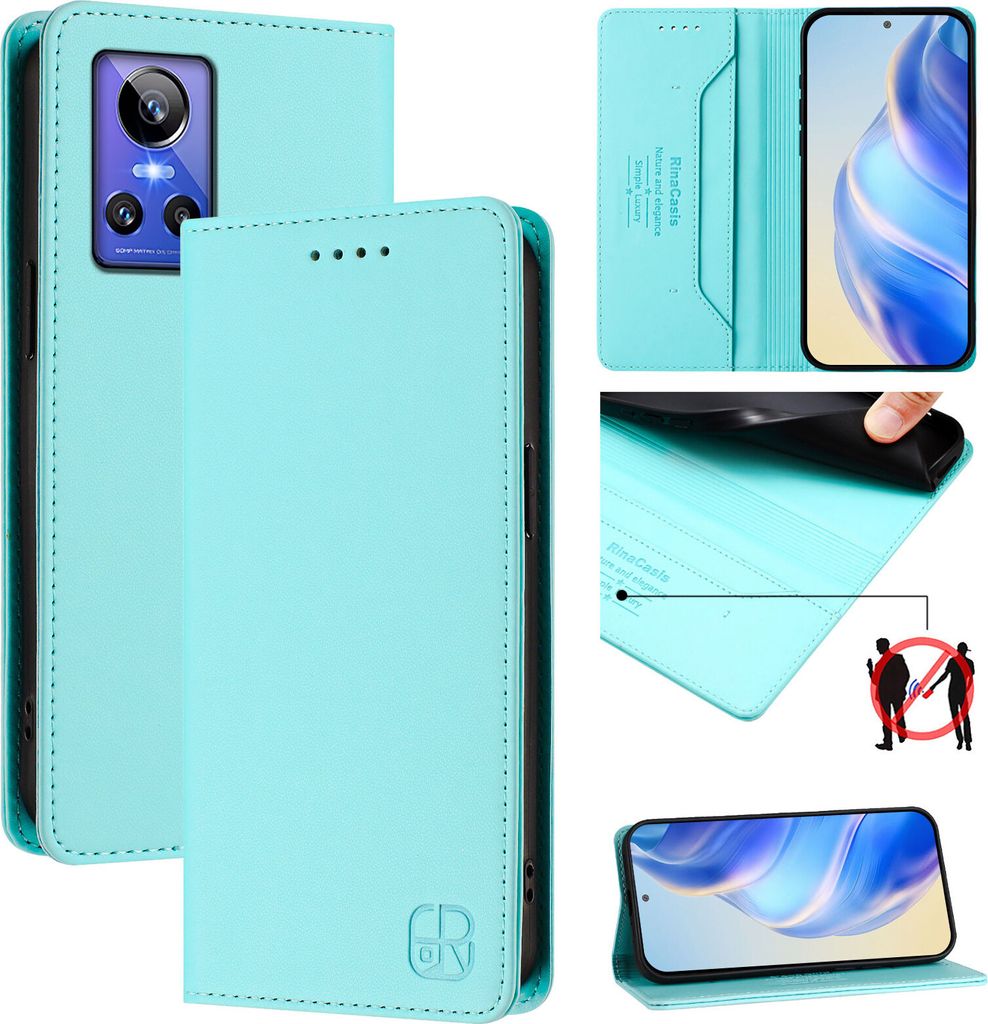 Lederhülle für Realme GT Neo 3 Hülle Flip Brieftasche Kartenfächern Ständer Schutzhülle Türkis