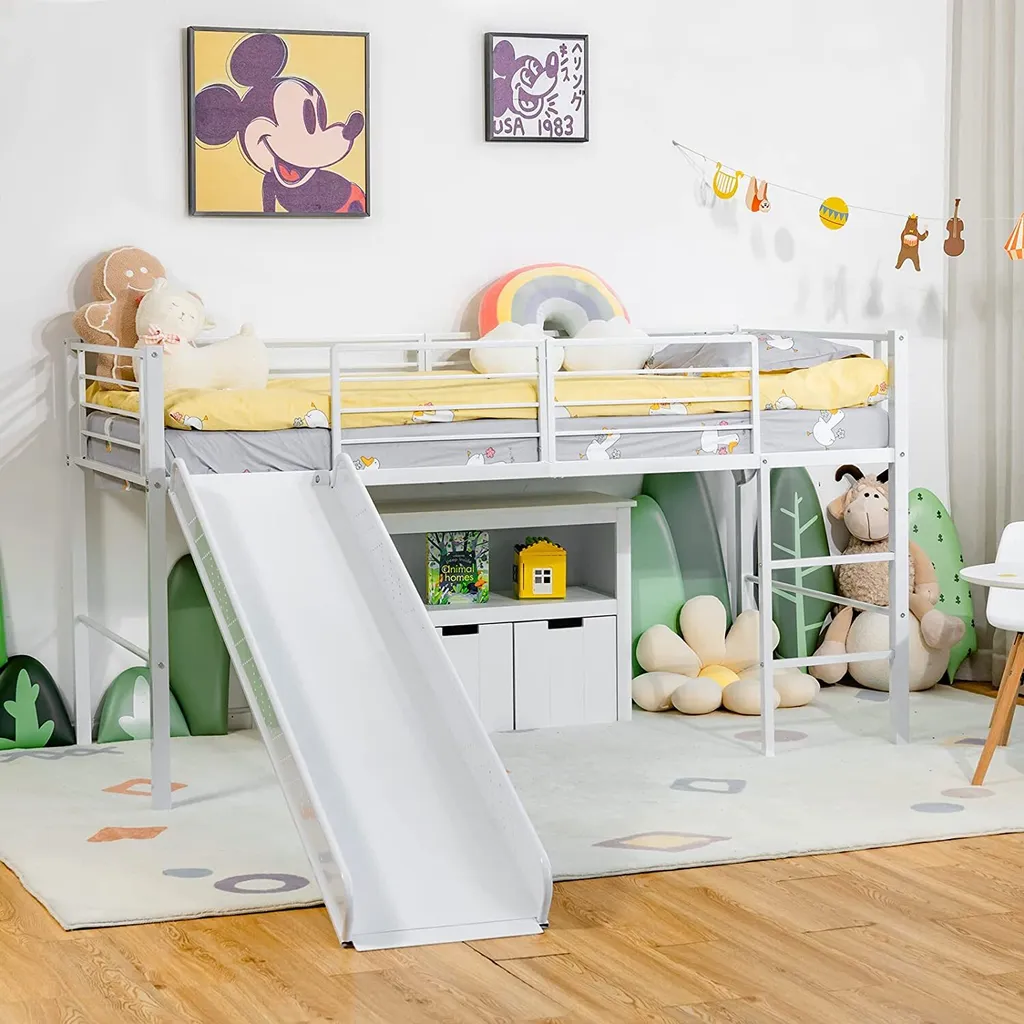 Lit mezzanine enfant blanc 90x190 avec toboggan pour chambre de jeu