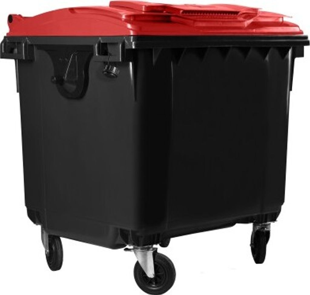 Hardwex Müllcontainer 1100 l Schwarz mit rotem Flachdeckel, Deckel im Deckel