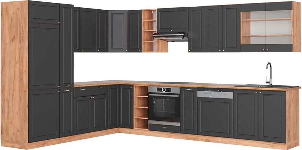 Eckküche Vicco Fame-Line Anthrazit Landhaus/Goldkraft Eiche 347 x 60 cm , AP Eiche, Model 47342