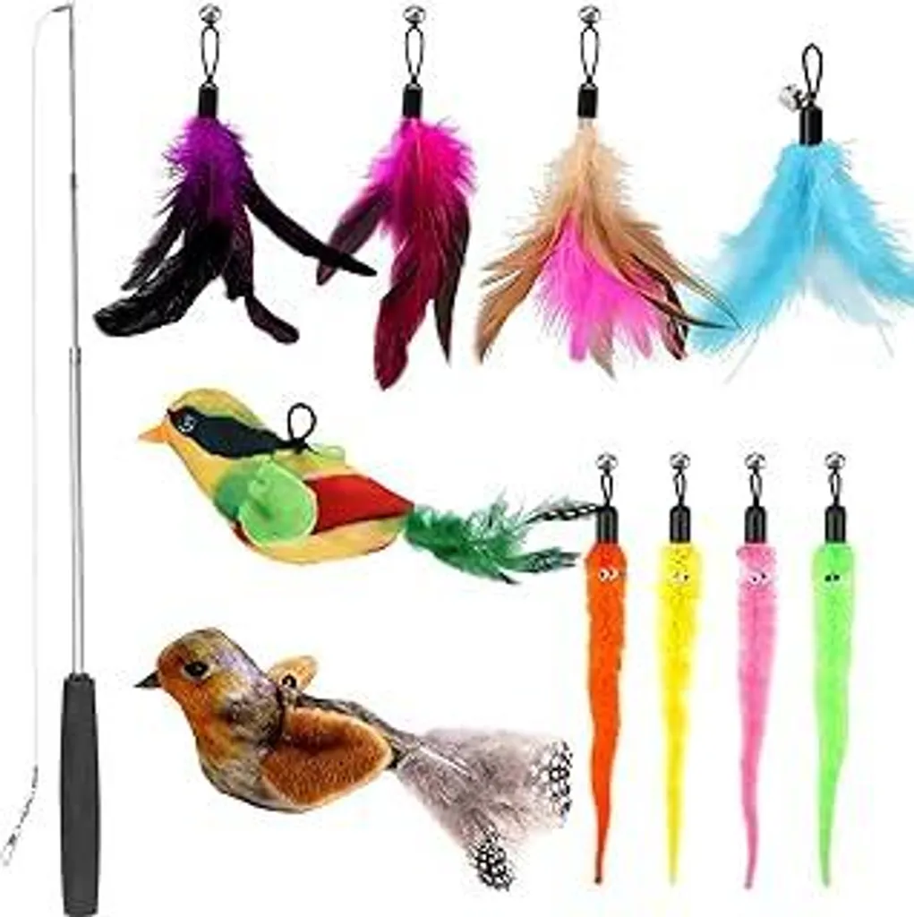 Canna da Pesca per Gatti 11 Pezzi: Set Interattivo con Piume e Campanelli