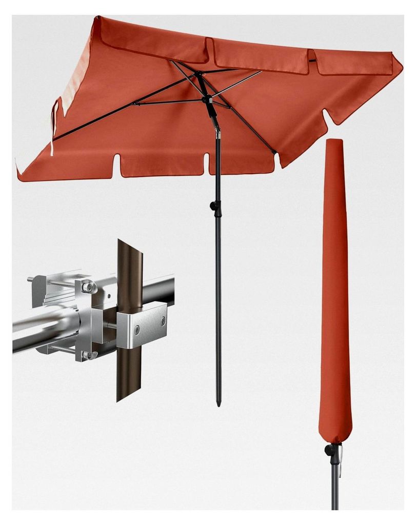 Sonnenschirm für den Balkon 3-in-1 SET, Orange – Rechteckiger Balkonschirm mit UV50+-Schutz, 200 x 125 cm, inklusive Halterung für Balkongelän...