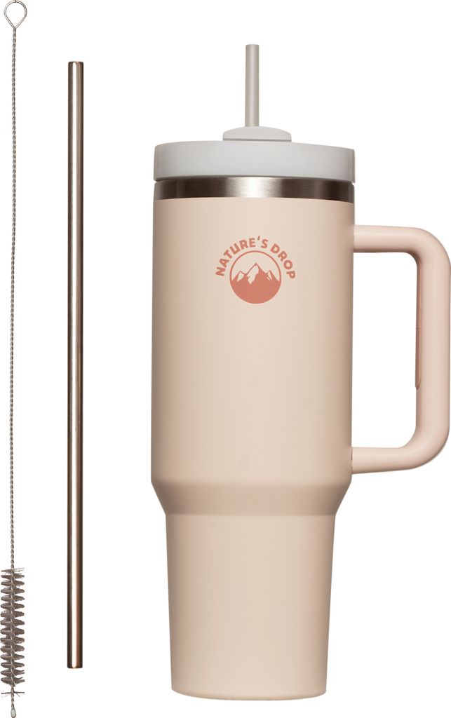 Quencher Tumbler 40oz Thermobecher in Beige mit Strohhalm und Henkel, 1180 ML Doppelwandiger Edelstahl Heiße Kalte Getränke Vakuum.