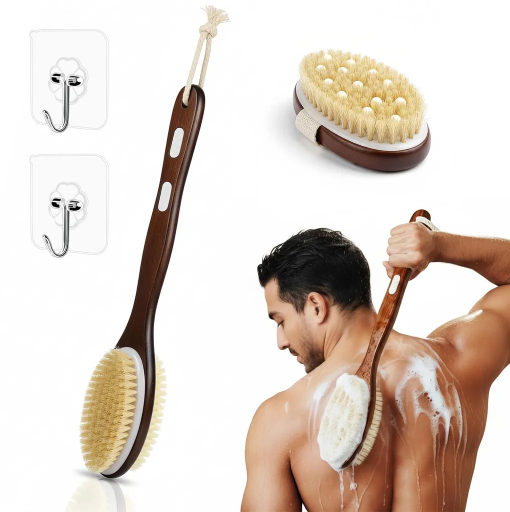 Brosse de bain double face bois et poils naturels pour massage du corps