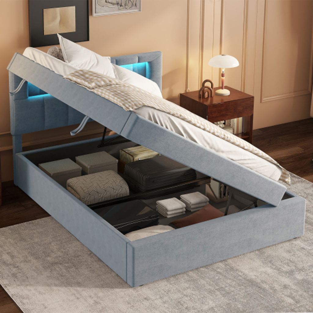 okwish Polsterbett Einzelbett 90*200cm, Kinderbett Flaches Bett mit LED-Farbwechselndes Umgebungslicht und Stauraum, ohne Matratze- Grau