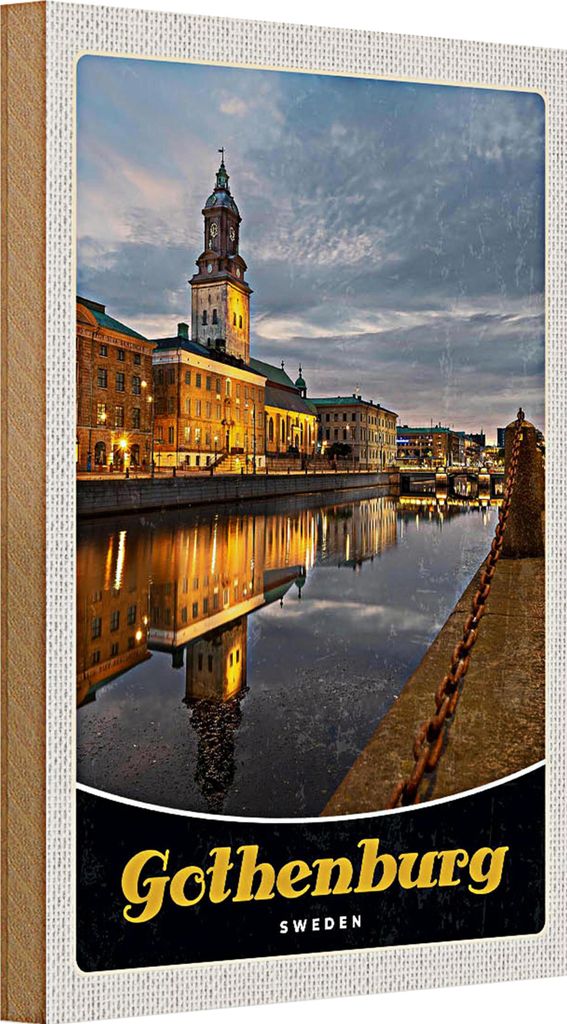 Holzschild Reise 20x30cm Götheburg Schweden Abend Architektur