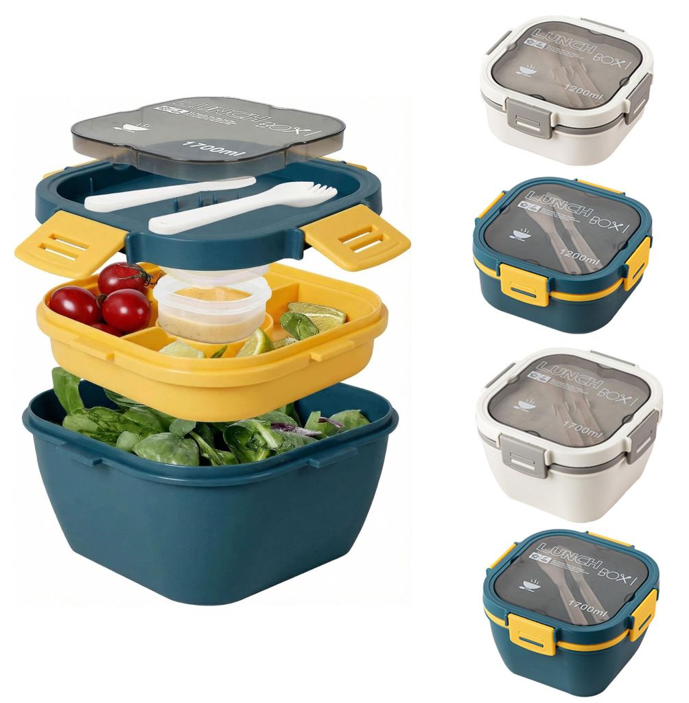 Salatbox mit Fächern und Besteck, auslaufsichere Lunchbox für Erwachsene und Kinder, Bento-Box für Schule, Arbeit, Büro, Snackbox für Picknick...