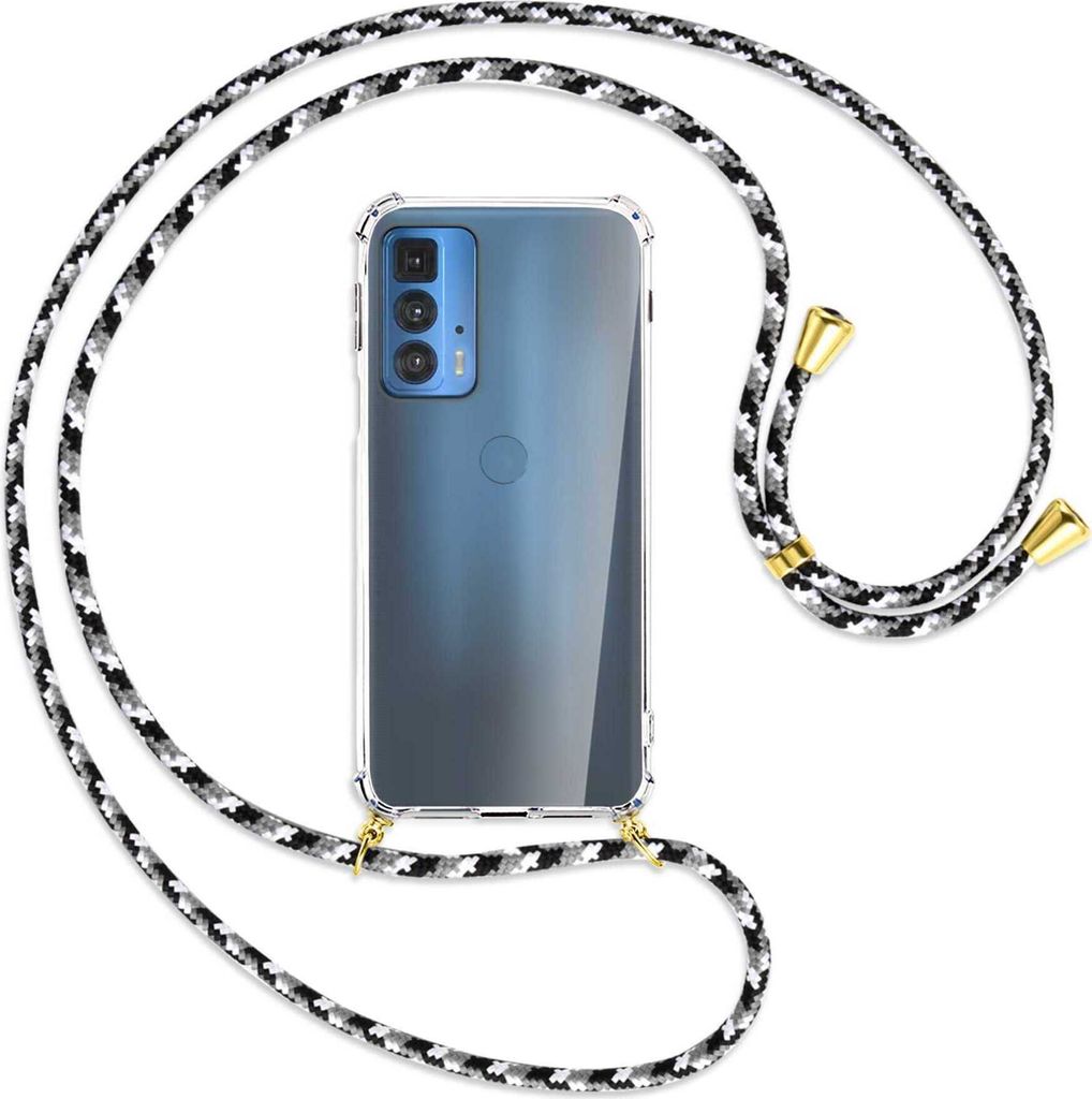 Handykette Backcover-Schutzhülle mit Band (Metall goldfarben) für Motorola Edge 20 Pro - schwarz/grau/weiß