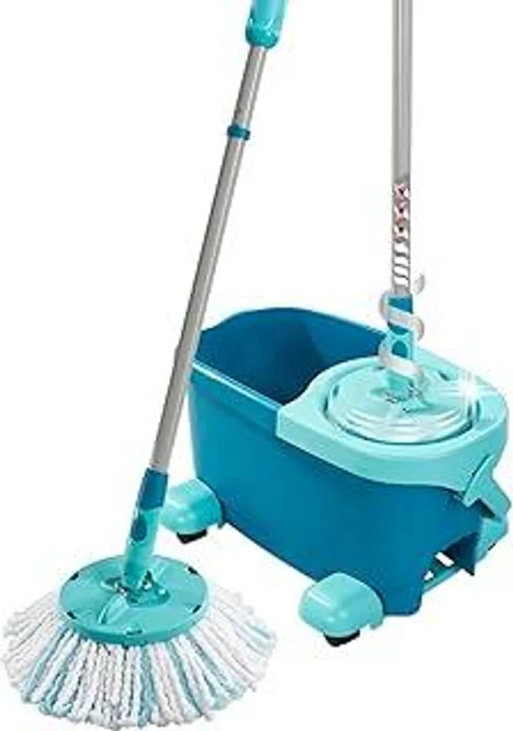 Set Leifheit CLEAN Twist Disc Mop Ergo 2.0 con carrello, mocio con rivestimento in microfibra per la pulizia con panno leggermente inumidito su piastrelle e laminato, mocio con sistema a clic e tecnologia centrifuga
