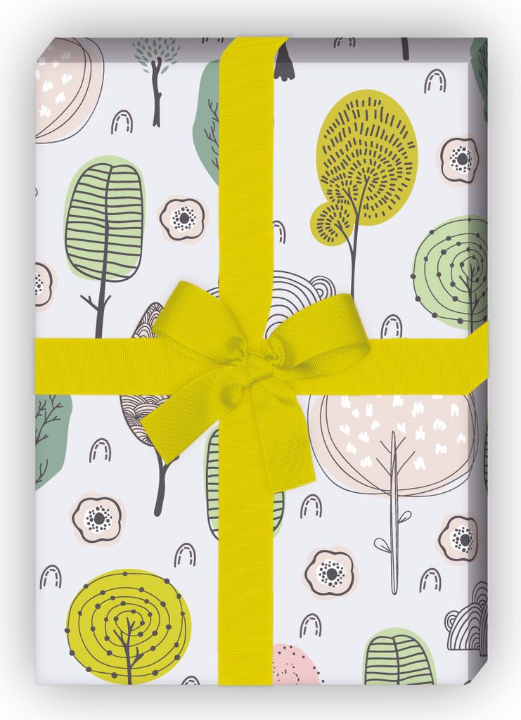 Schönes Natur Geschenkpapier mit Doodle Bäumen, grau - G11856, 32 x 48cm