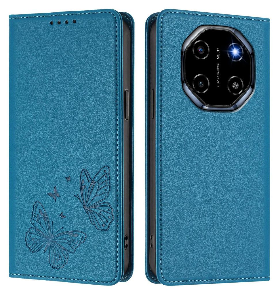 Lederhülle für Blackview Shark 6 /Oscal Tiger 8, Schmetterling Prägung Leder Brieftasche Schutzhülle mit Ständer Blau