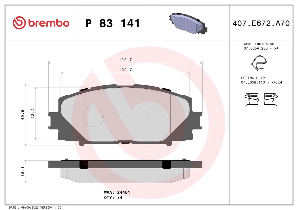 Brembo P 83 141 Plaquettes de Frein OE SA35001 pour Yaris P9 P13