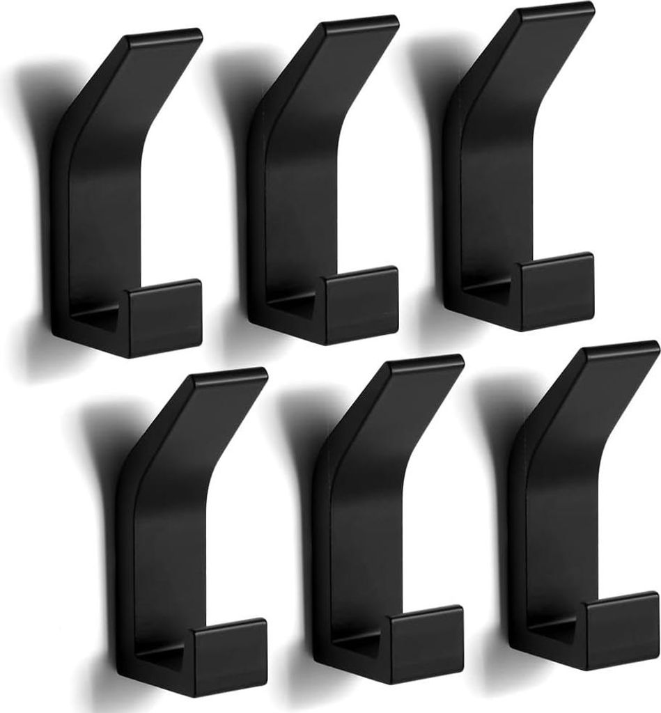Sechsteiliges Set Selbstklebende Wandhaken für Schlafzimmer, Badezimmer und Küche, Schwarz, Matt, Aluminium