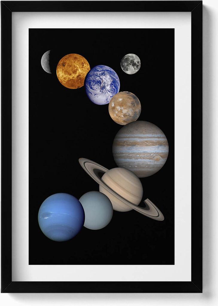 Illustration der Planeten des Sonnensystems– Wandbild mit Rahmen – Gerahmtes Bild – Wanddekoration – 40x60 cm – Schwarz